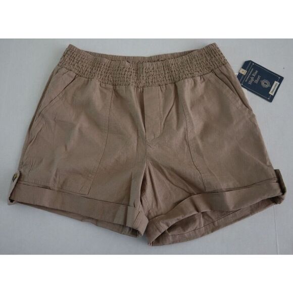 Democracy B8144GMX2 Women's Sz M Tan High Rise Linen Elastic Waist Cuffed Shorts - Picture 1 of 4